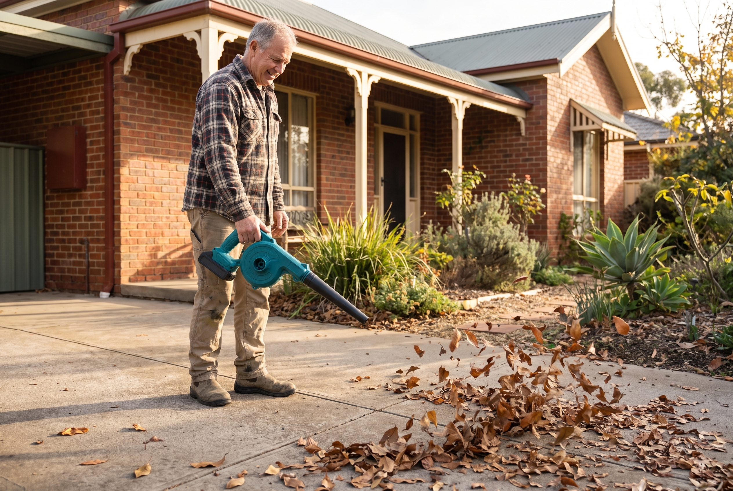 Older Australian clearing leaves off the driveway with the cordless leaf blower