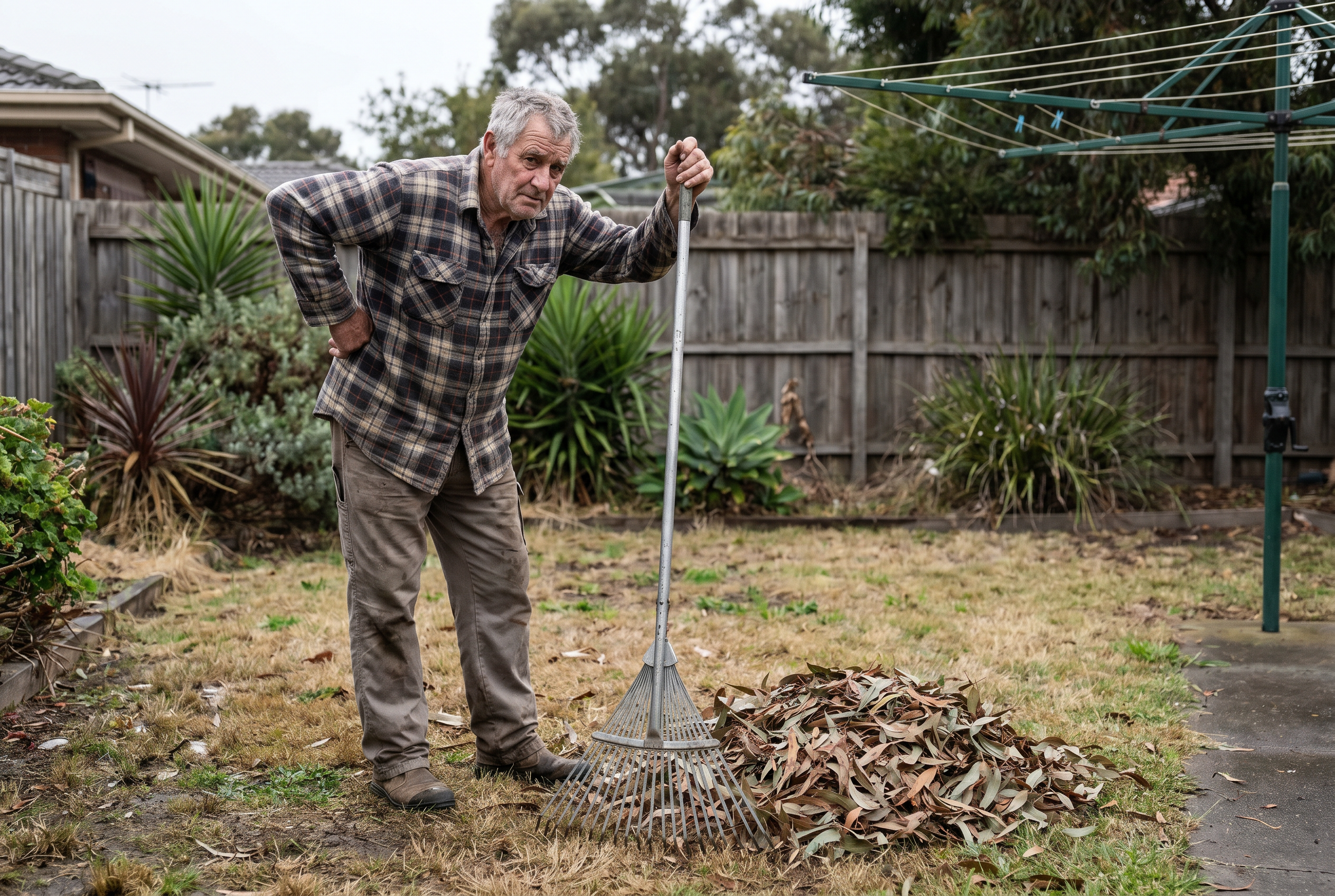 Tired older Australian leaning on a rake beside a pile of leaves