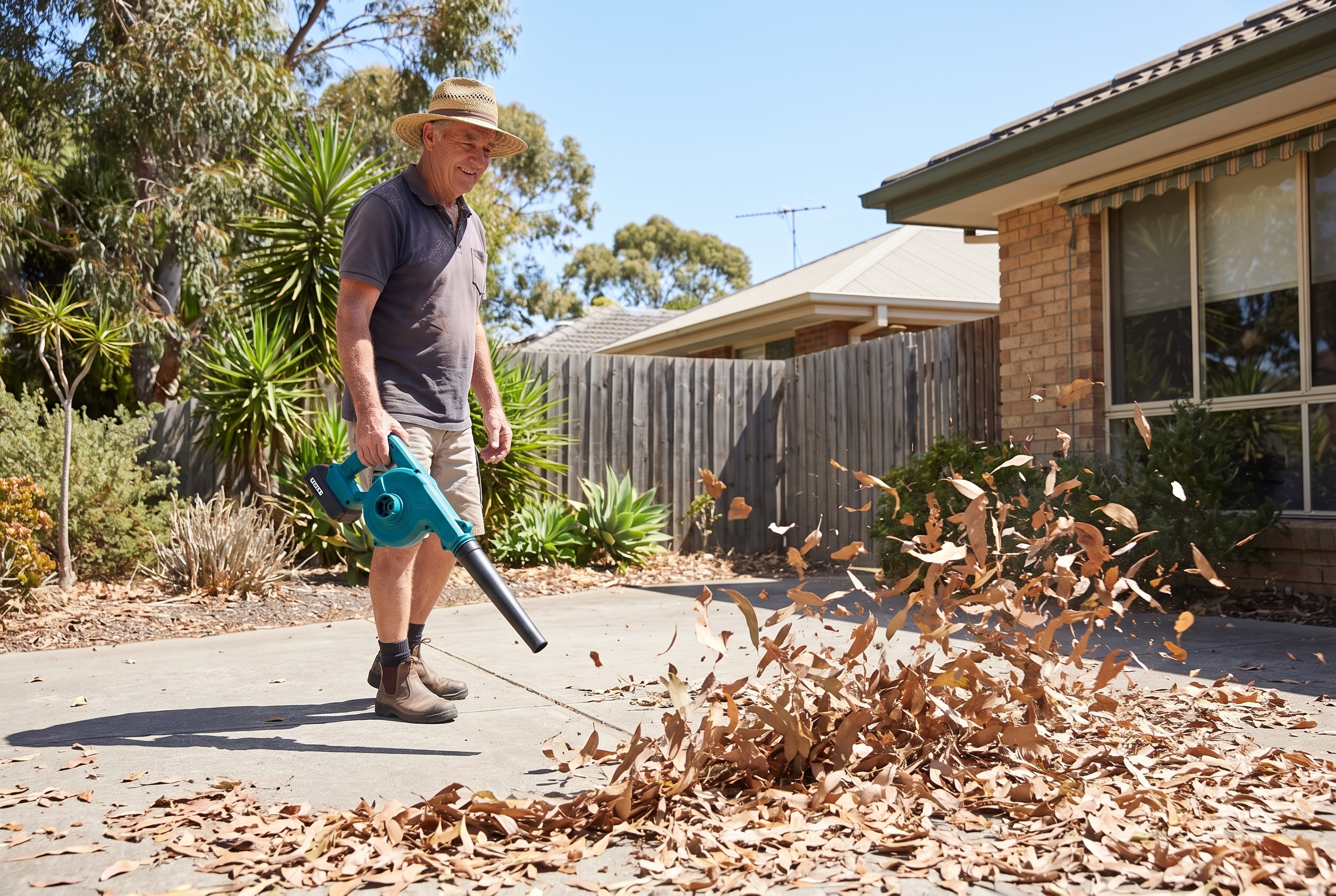 Homeowner sweeping leaves into a pile in minutes