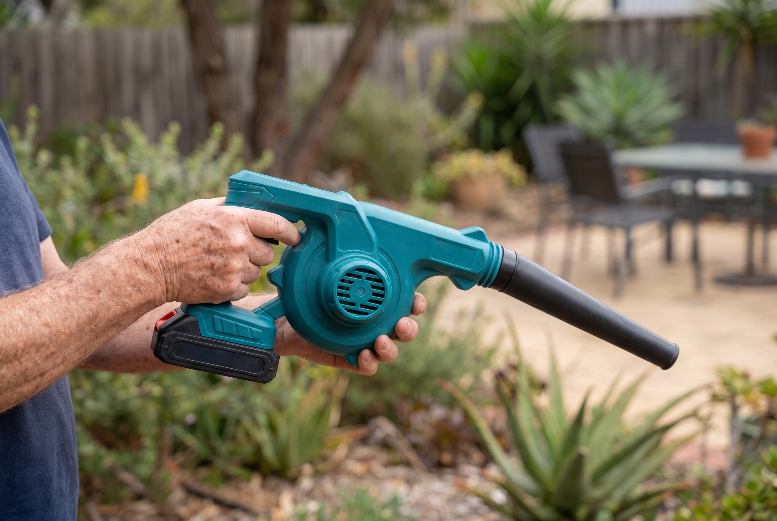 Older hands easily holding the lightweight blower one-handed