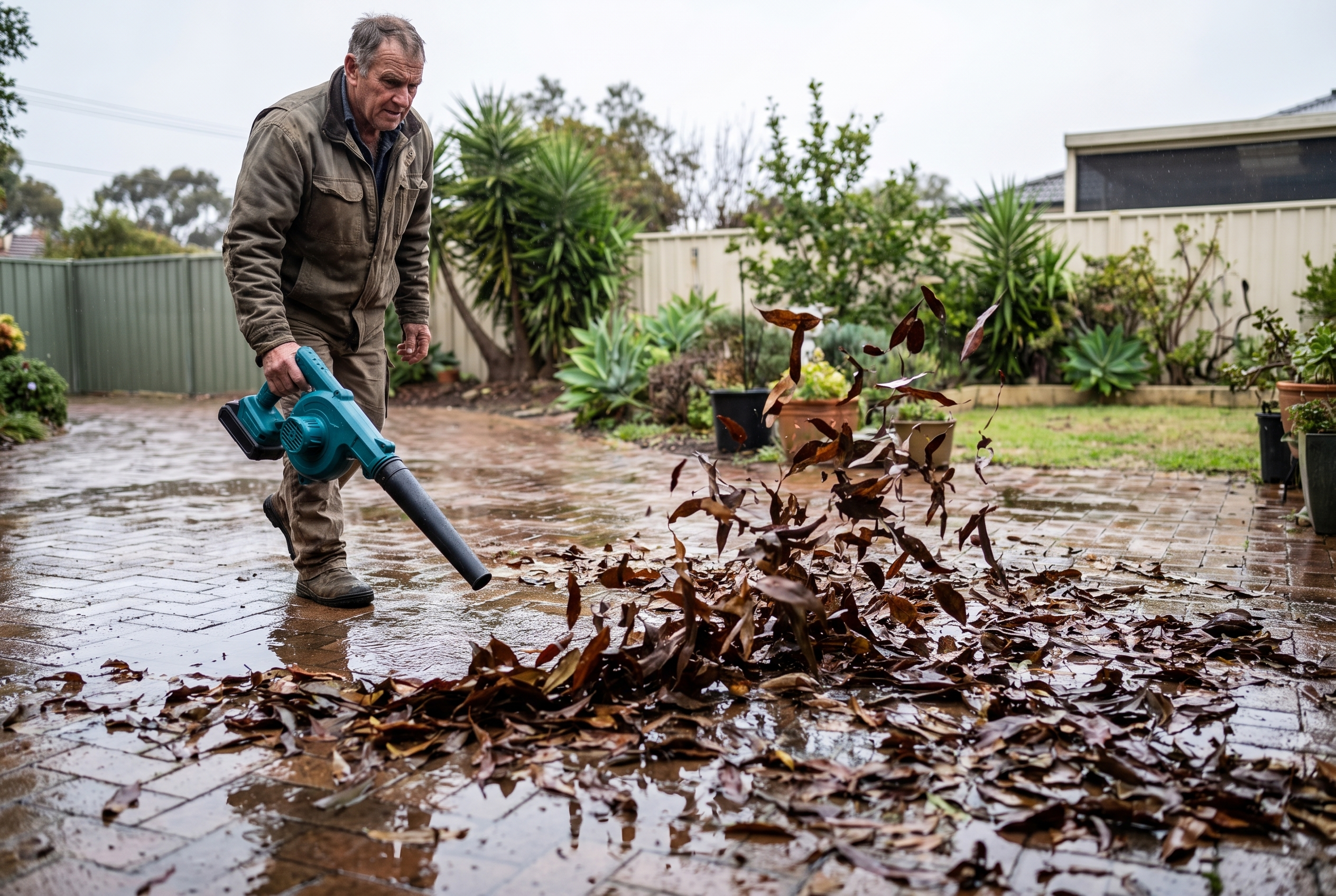 Clearing wet gum leaves off pavers after rain