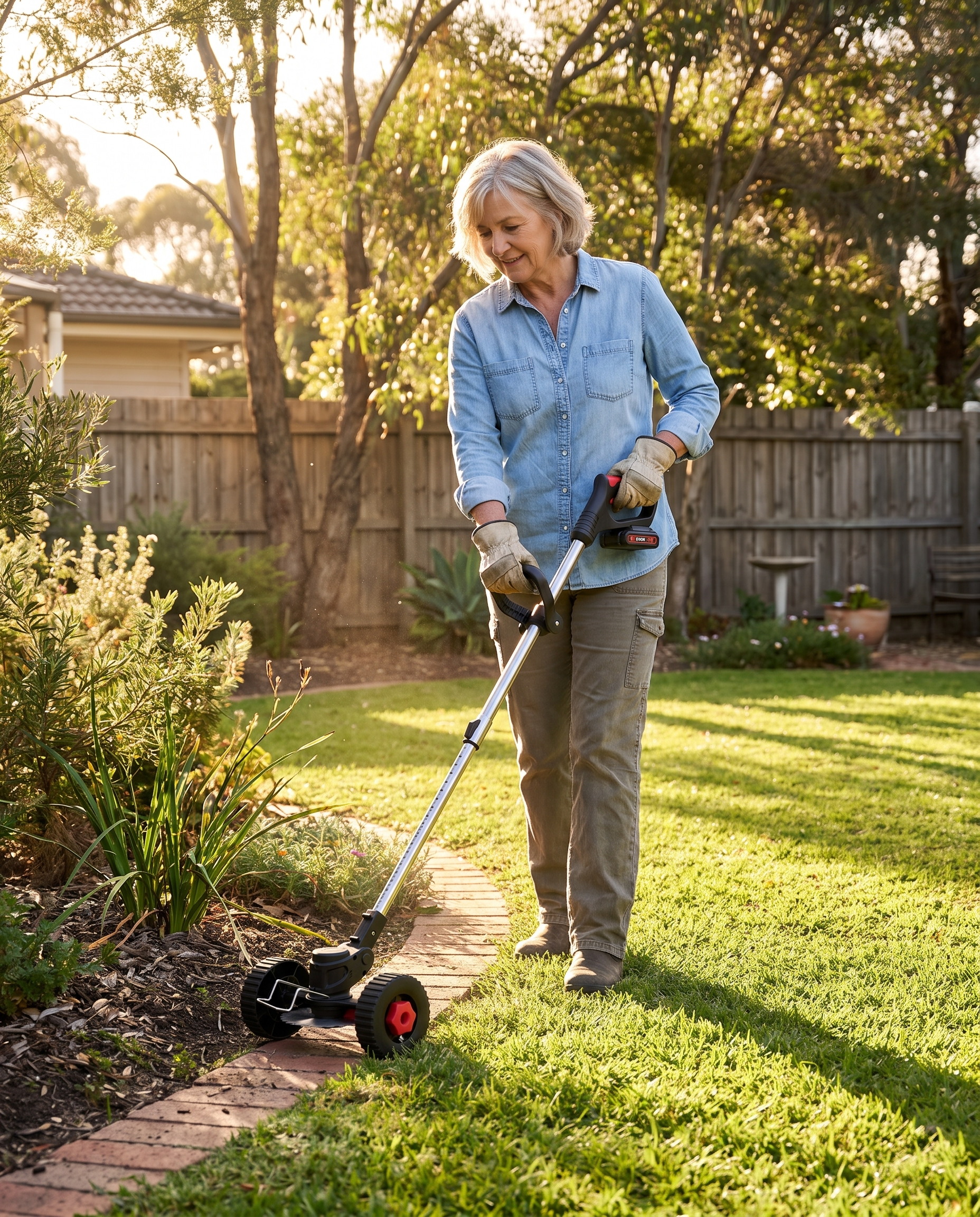 Older Australian woman comfortably edging her garden bed with the BetterGardens 3-in-1