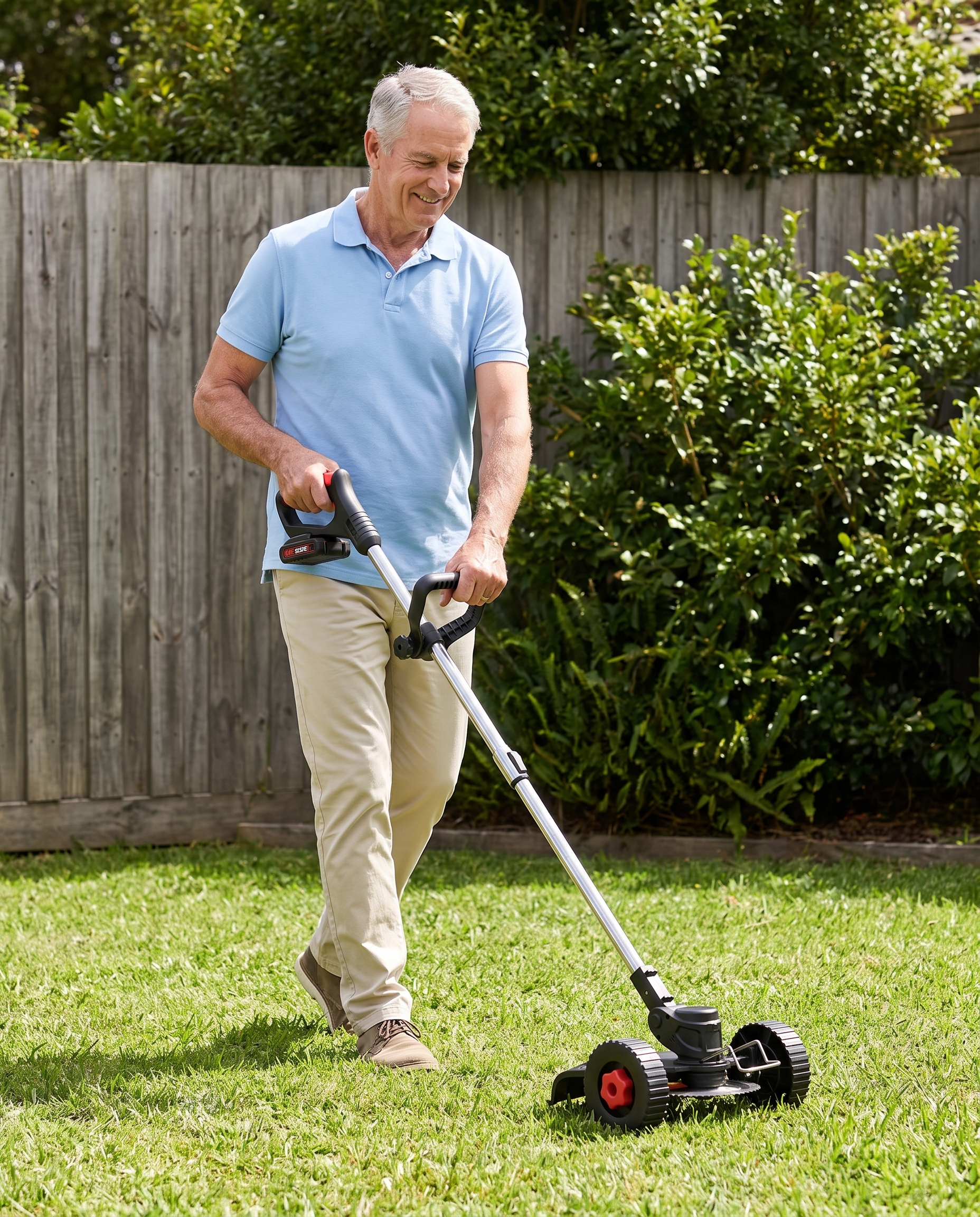 Older man mowing his lawn standing fully upright