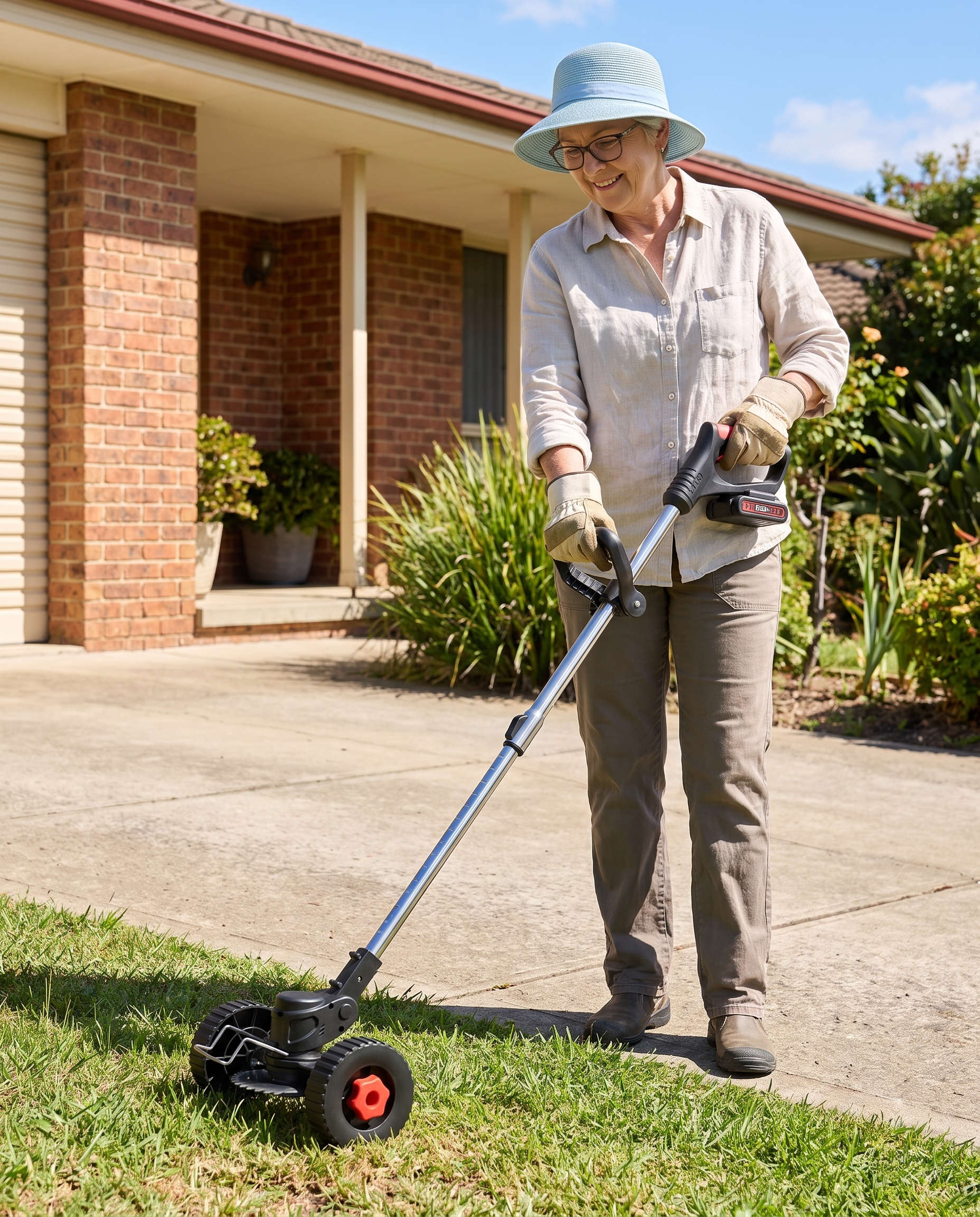Older woman comfortably trimming along her driveway