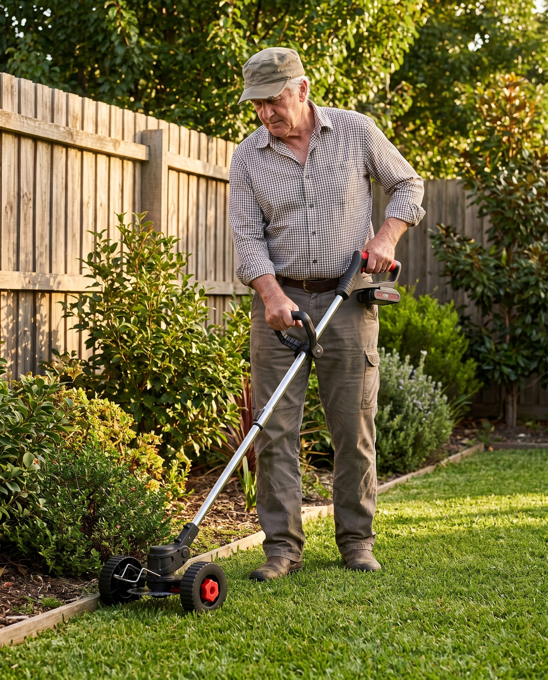Older man happily using the one tool by his fence