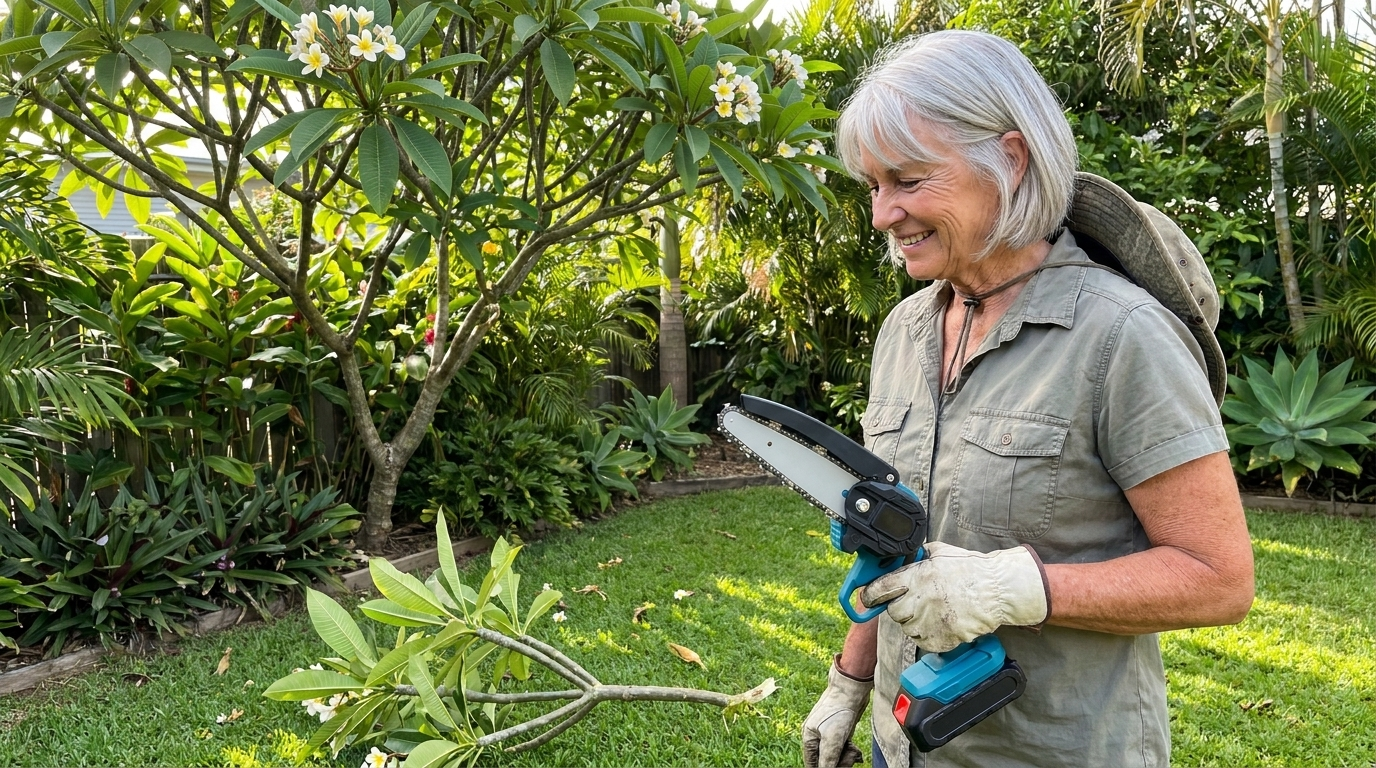 Sue in her garden with her mini chainsaw
