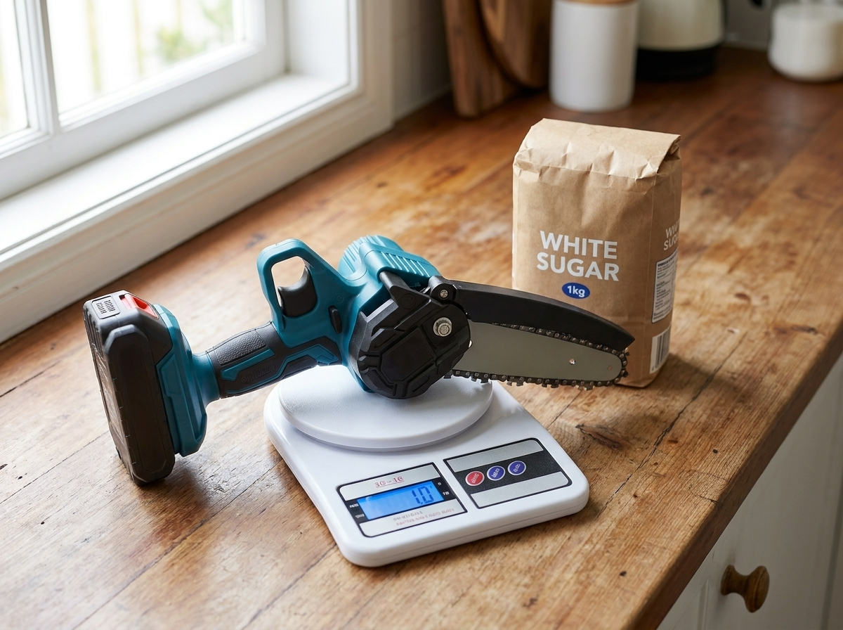 The mini chainsaw on a kitchen scale reading 1.0kg next to a 1kg bag of sugar