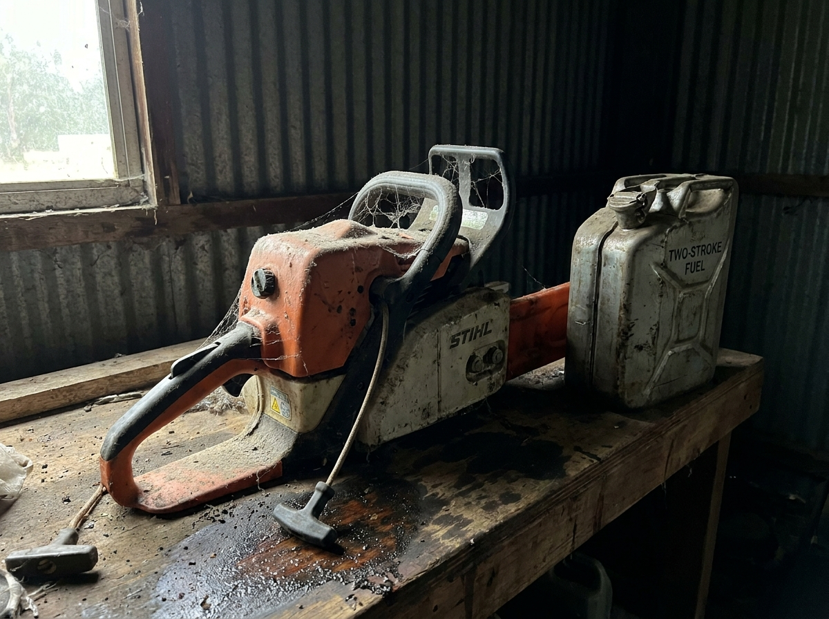 An old heavy petrol chainsaw gathering dust in the shed