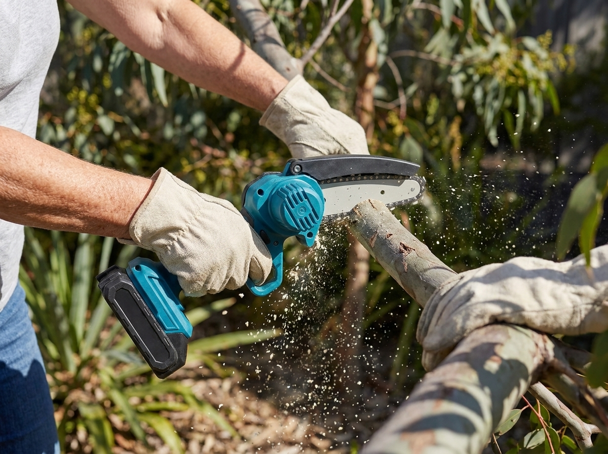 Cutting an 8cm eucalyptus branch one-handed with the mini chainsaw
