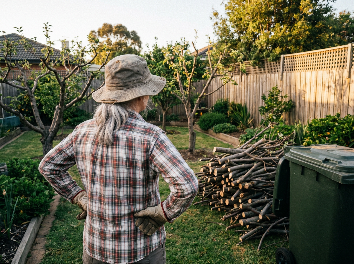 Sue looking at her pile of cut branches and a tidy garden