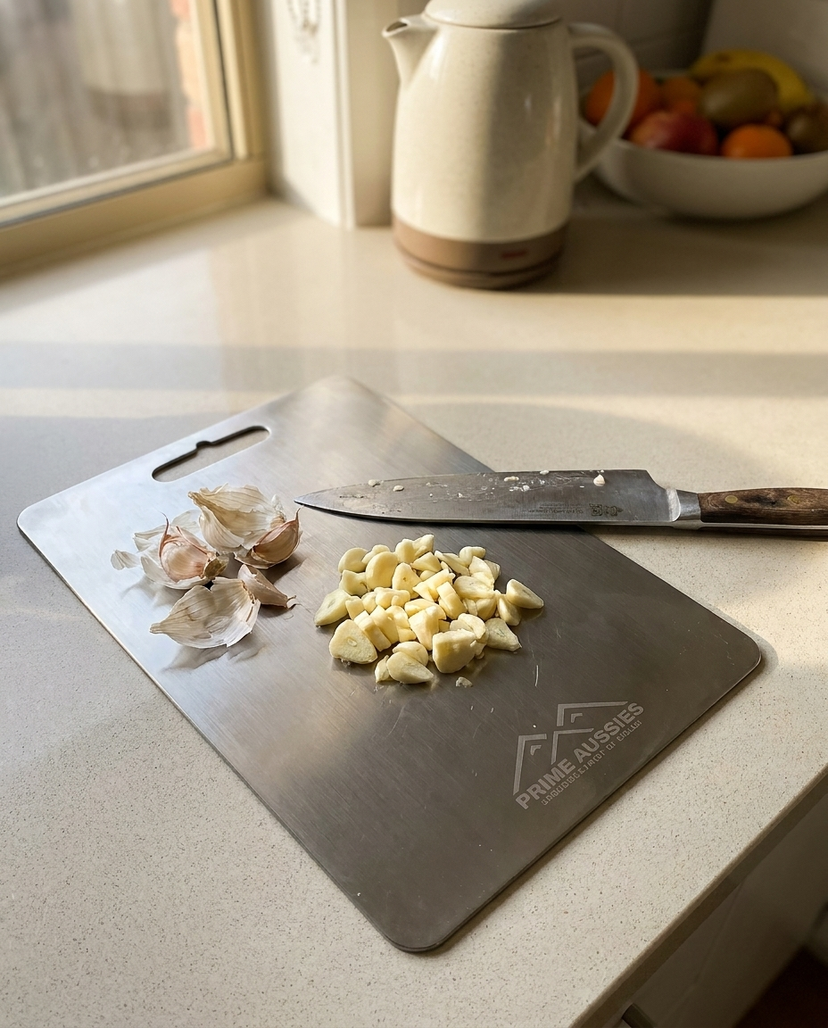 Garlic chopped on a titanium chopping board on a kitchen bench