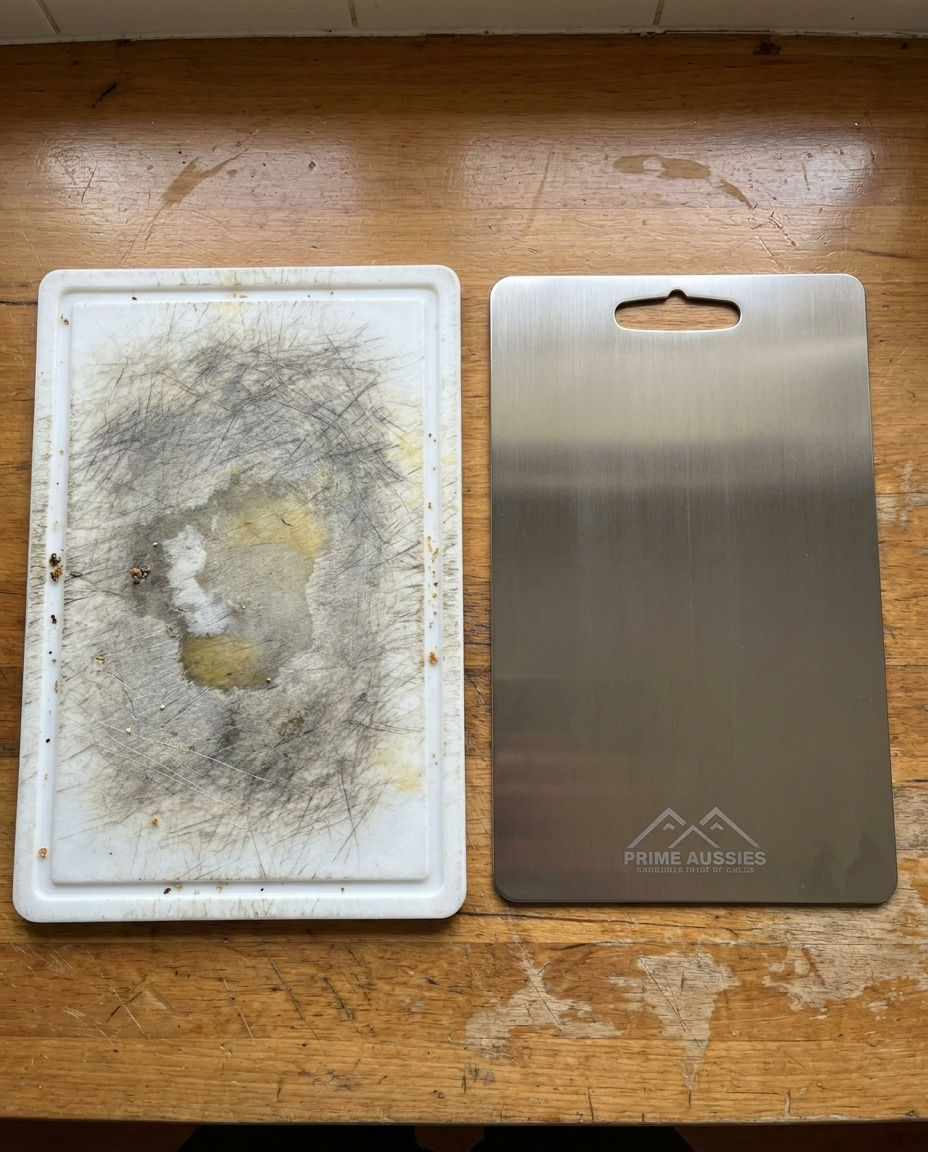 Old scarred plastic chopping board next to a clean titanium chopping board