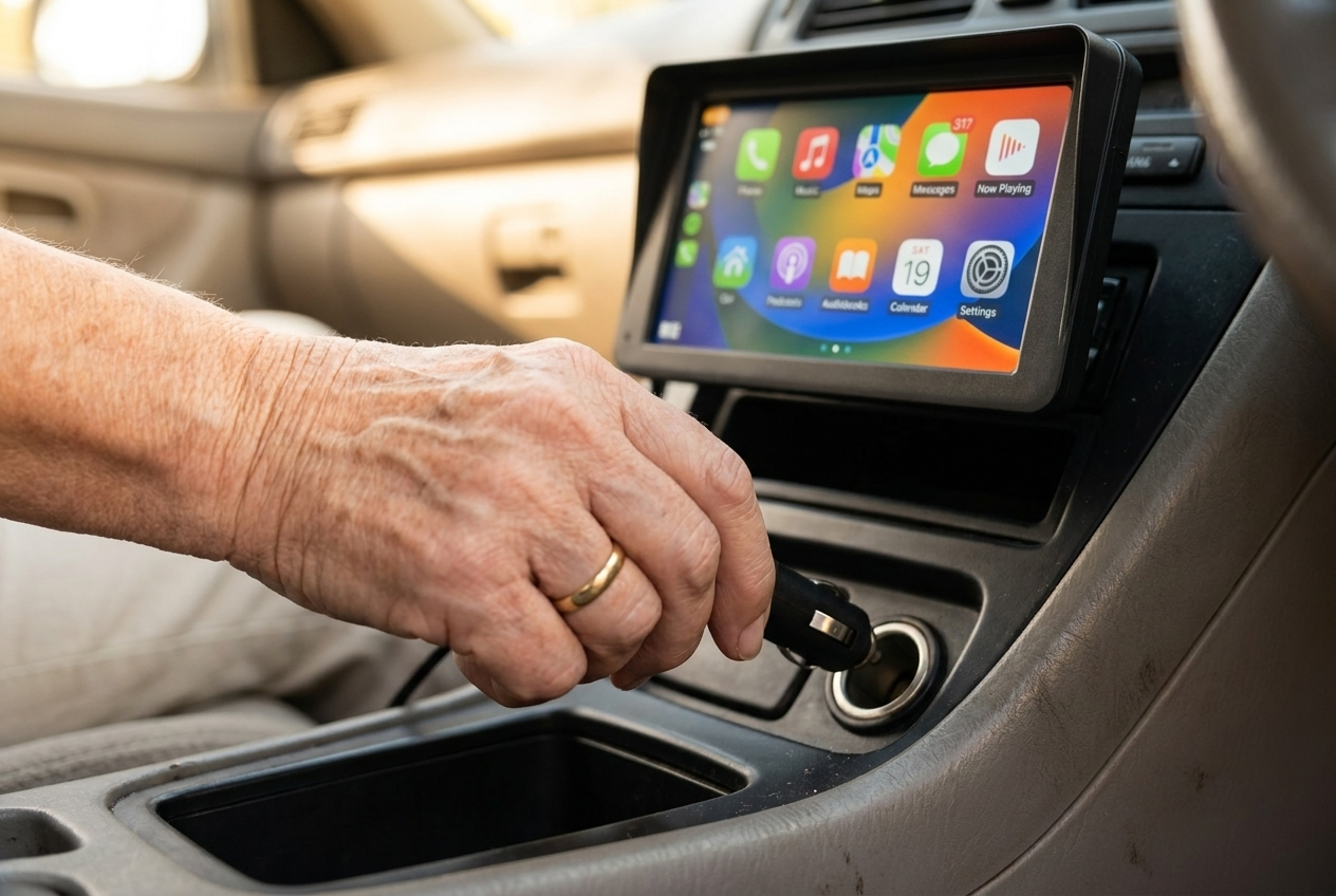 Plugging the screen into the cigarette lighter