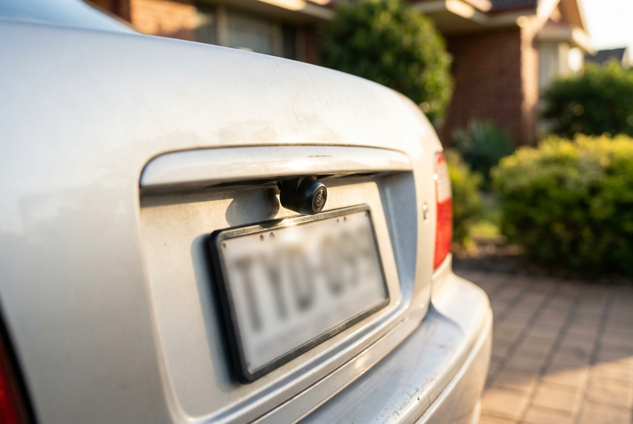 The reversing camera mounted above the number plate