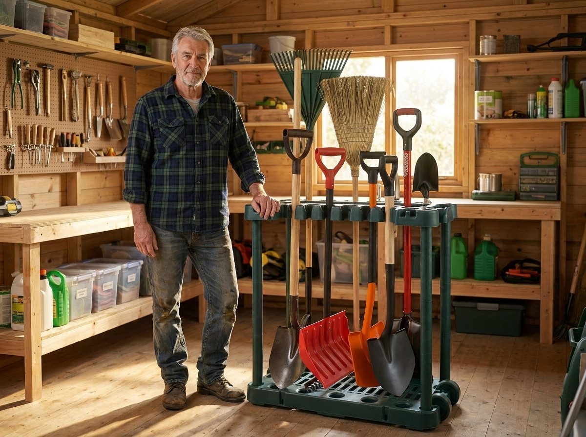 Graham with his tool rack in the shed