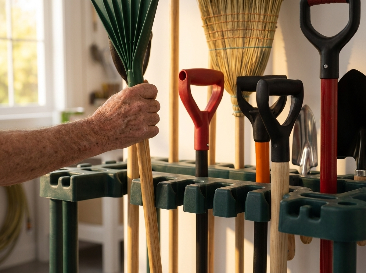 Lifting a rake out of its slot in the rack