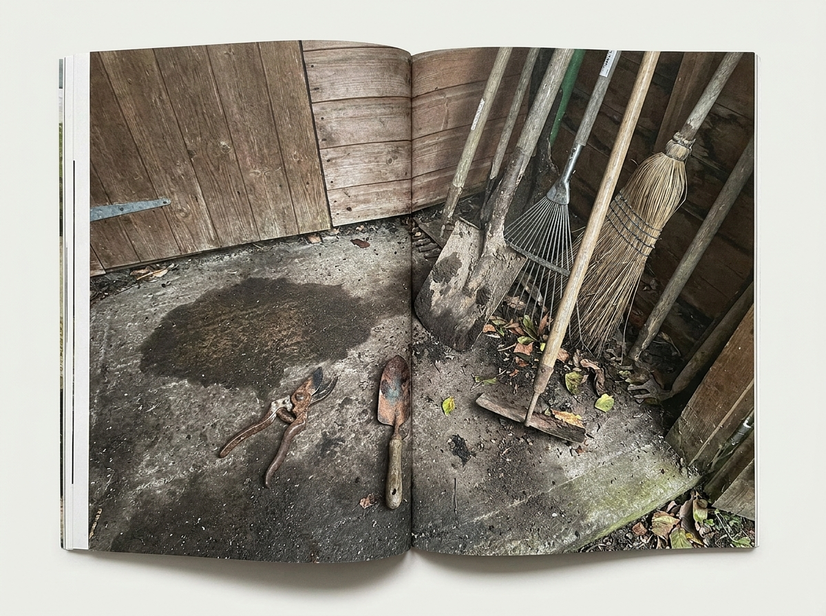 Rusted tools on the damp shed floor