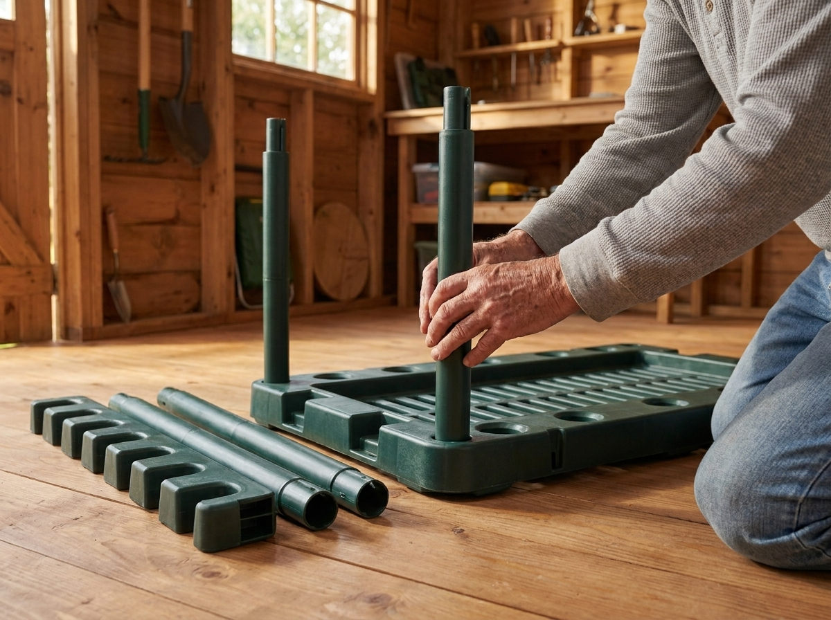 Clicking the rack together on the shed floor