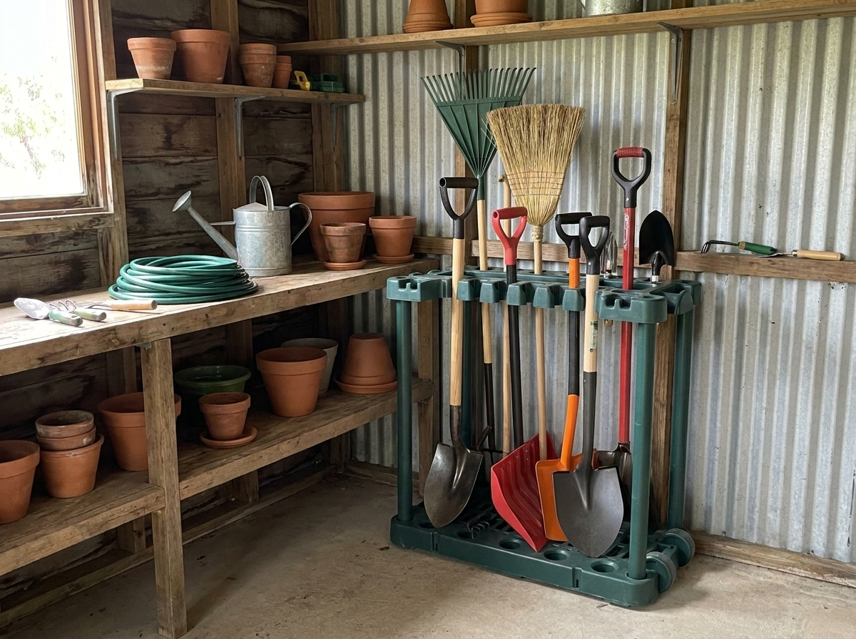 The rack tucked into the corner of a small shed