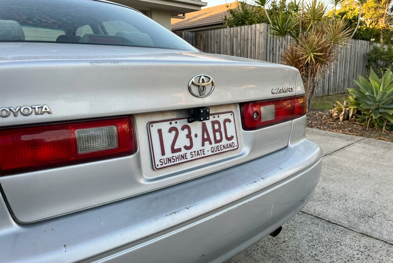 The reversing camera mounted above the number plate