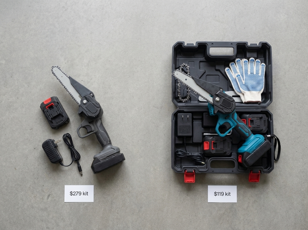 Both mini chainsaw kits side by side, everything out of the box