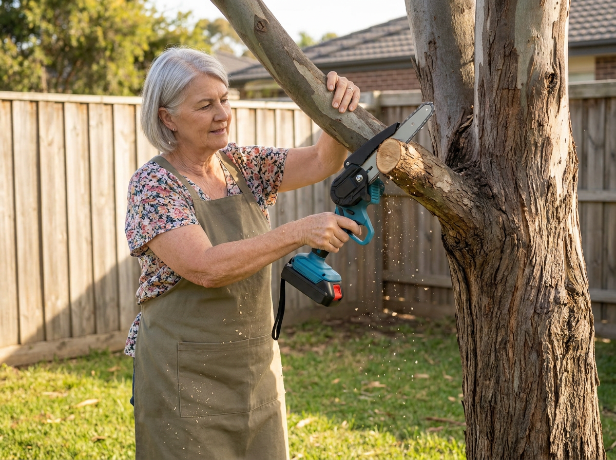 Woman cutting a thick gum branch one-handed from the ground