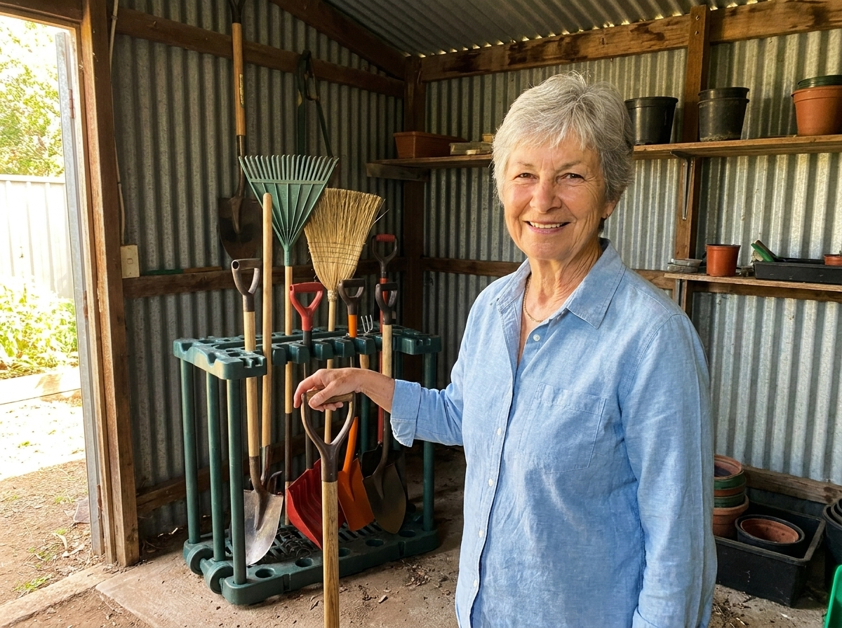 Margaret with her tool rack in the shed