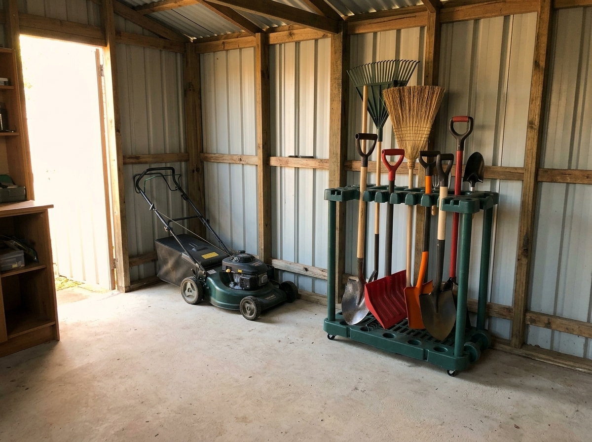 A clear shed floor with the rack in the corner