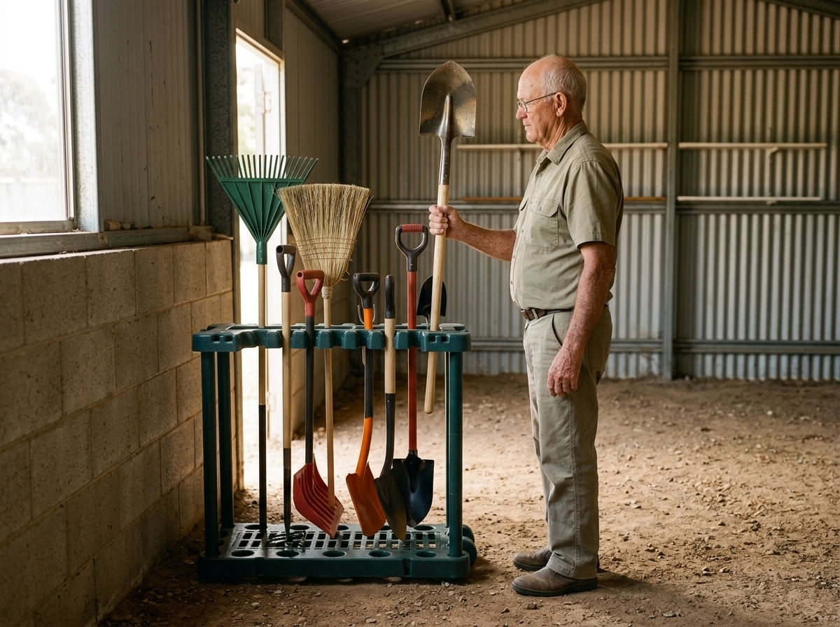 Taking a spade from the rack without bending