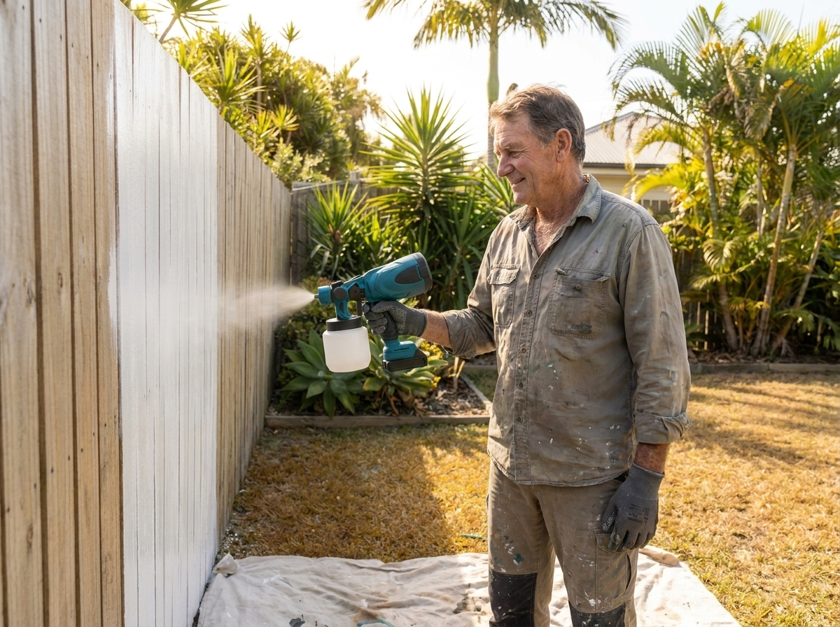 Australian man comfortably spraying his timber fence with the BetterGardens Electric Paint Sprayer