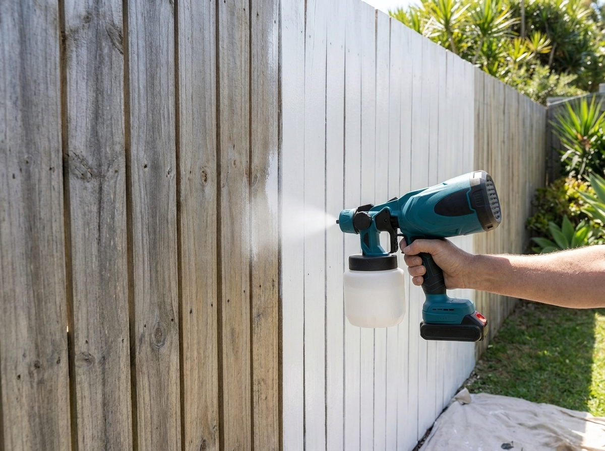 Half painted fence showing how fast the sprayer covers