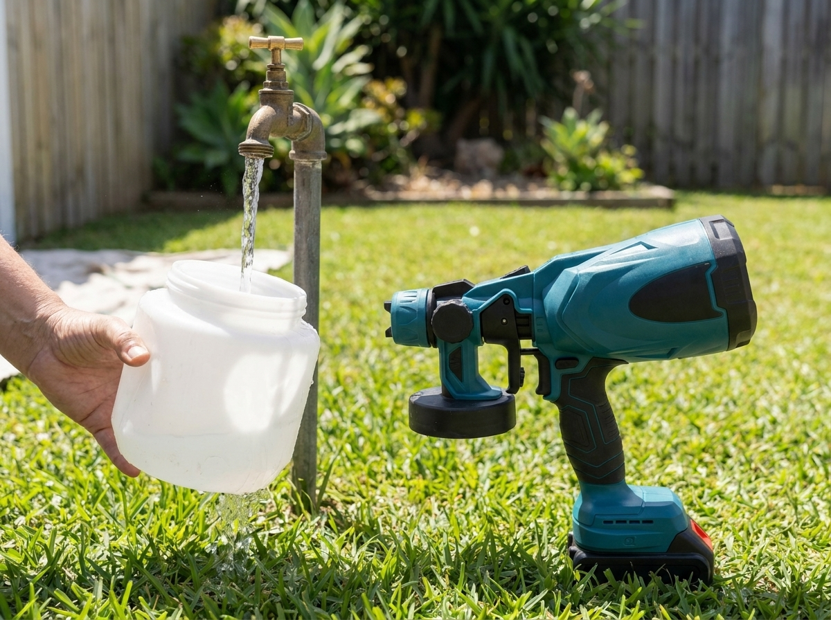 Rinsing the paint container clean under a garden tap