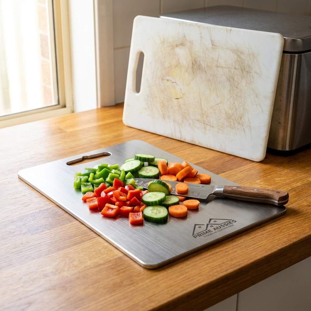 Fresh vegetables chopped on the titanium board while the old scratched plastic board is retired