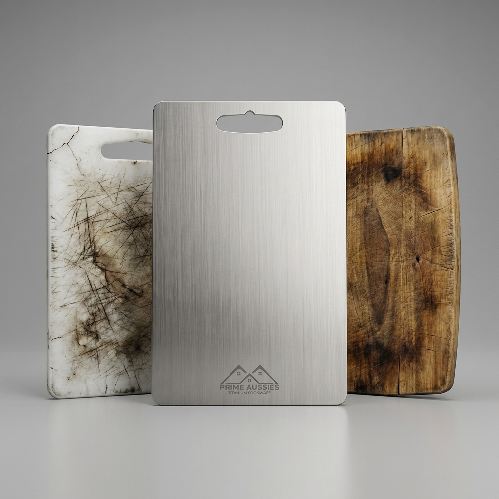 Pristine titanium board beside a cracked plastic board and a warped stained wooden board