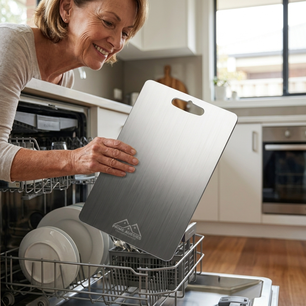Woman lifting the lightweight titanium board one-handed into the dishwasher