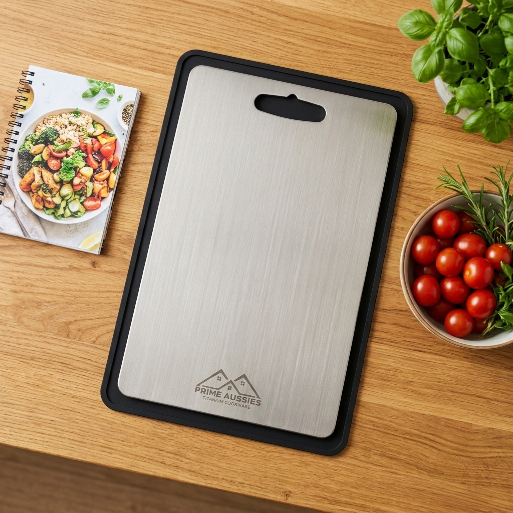 Titanium board on its free non-slip mat with the free recipe cookbook