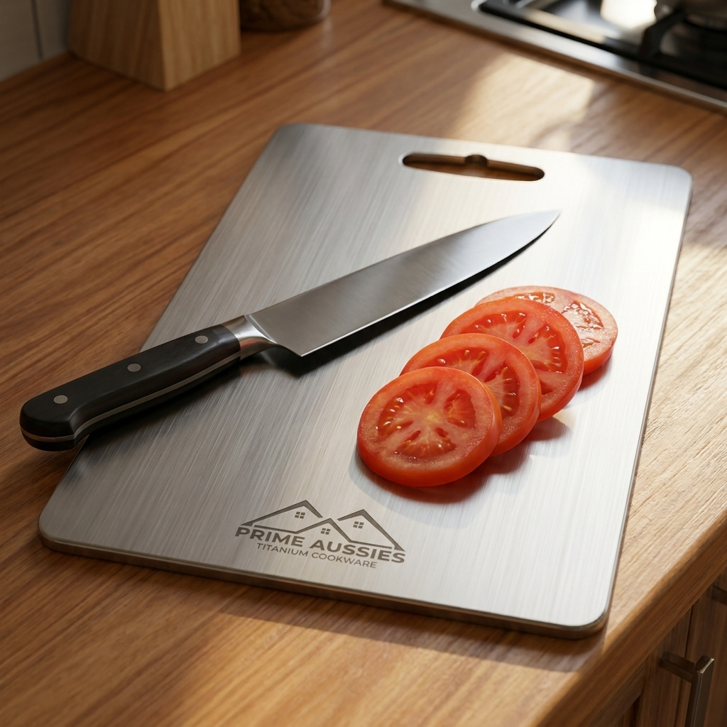 Chef knife and paper-thin tomato slices on the titanium board