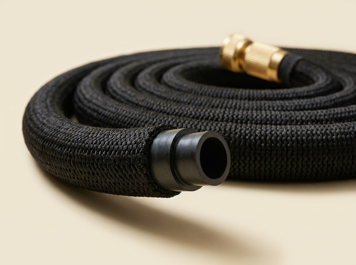 Close-up of the hose showing the tough woven cover and inner core