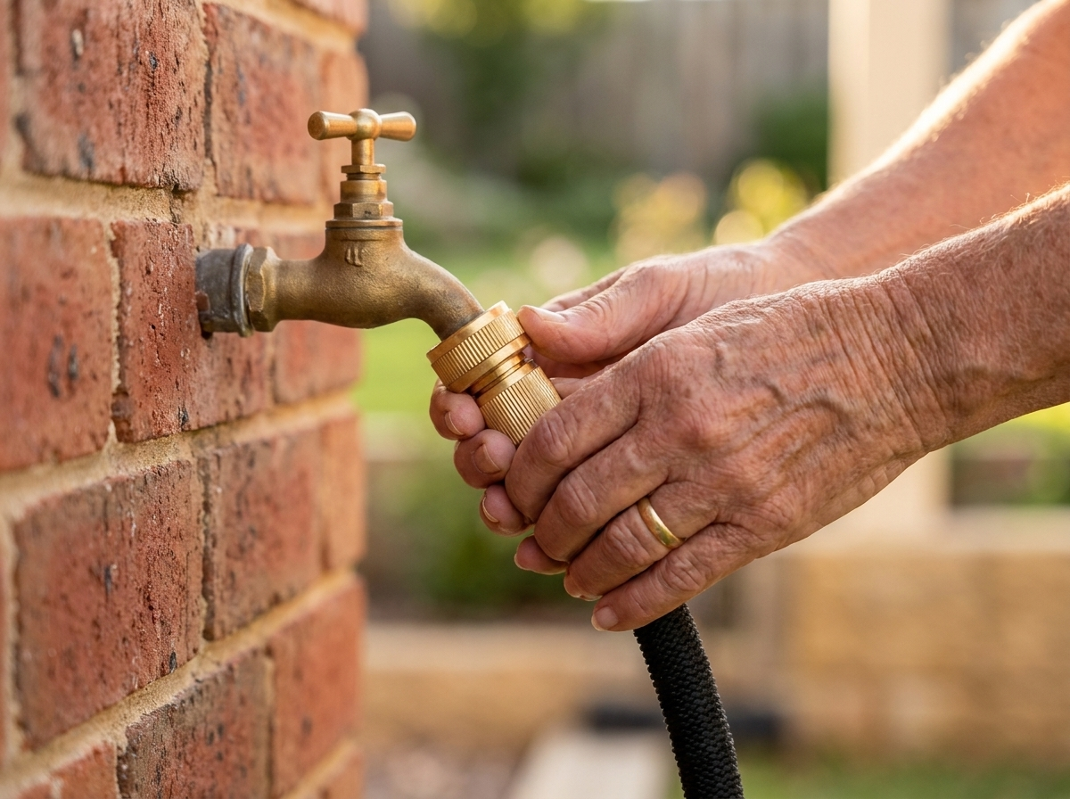 Hands clicking the brass fitting onto a garden tap