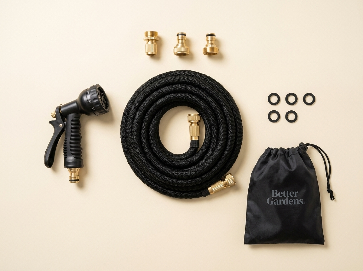 The full kit laid out: hose, nozzle, fittings, washers and carry bag
