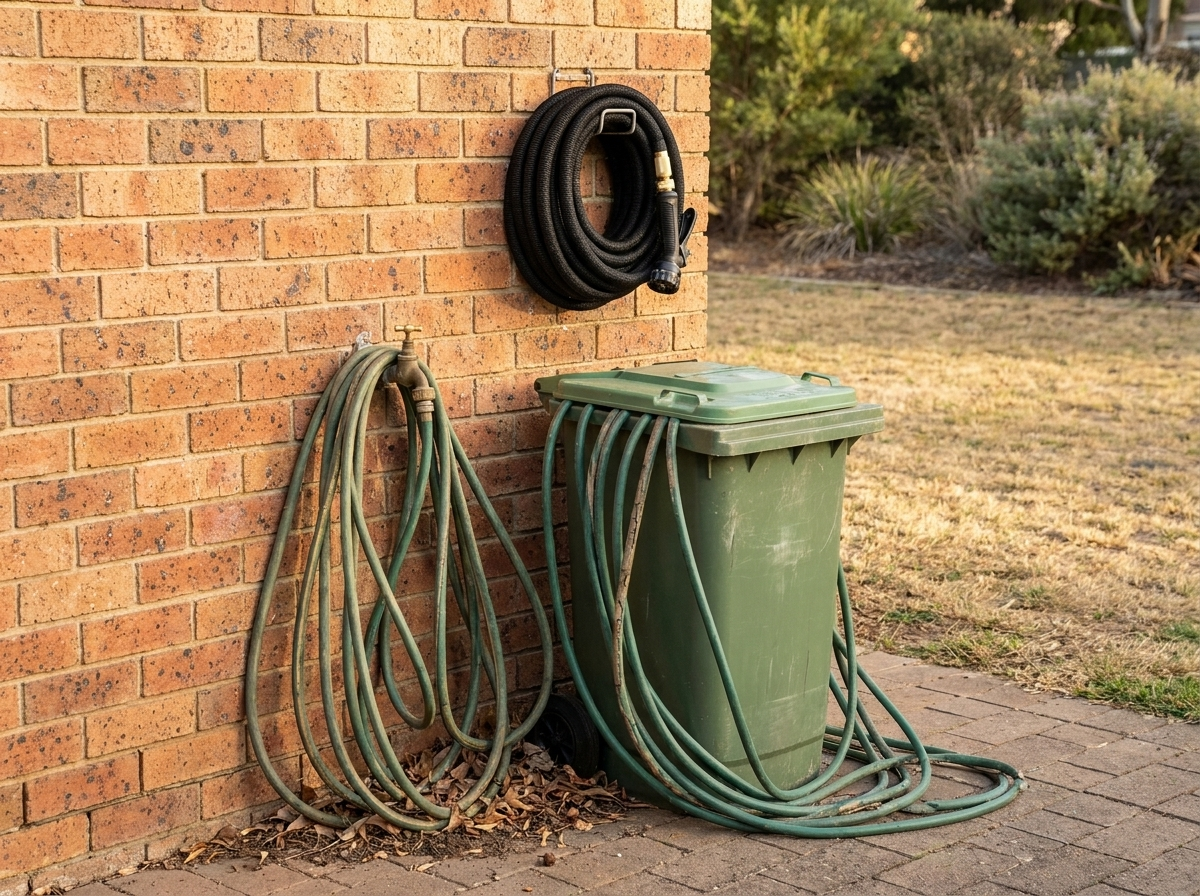 Old cracked hoses by the bin while the compact hose hangs neatly on the wall