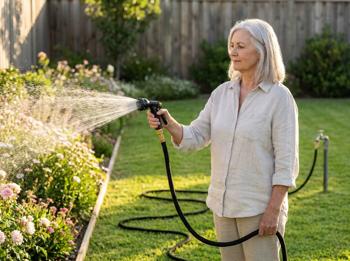 Older Australian woman comfortably watering her roses with the BetterGardens expandable hose