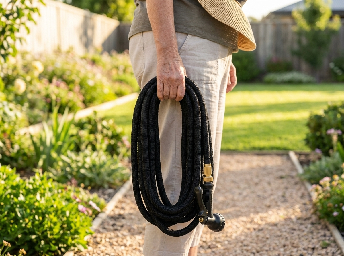 Older woman carrying the coiled hose easily in one hand