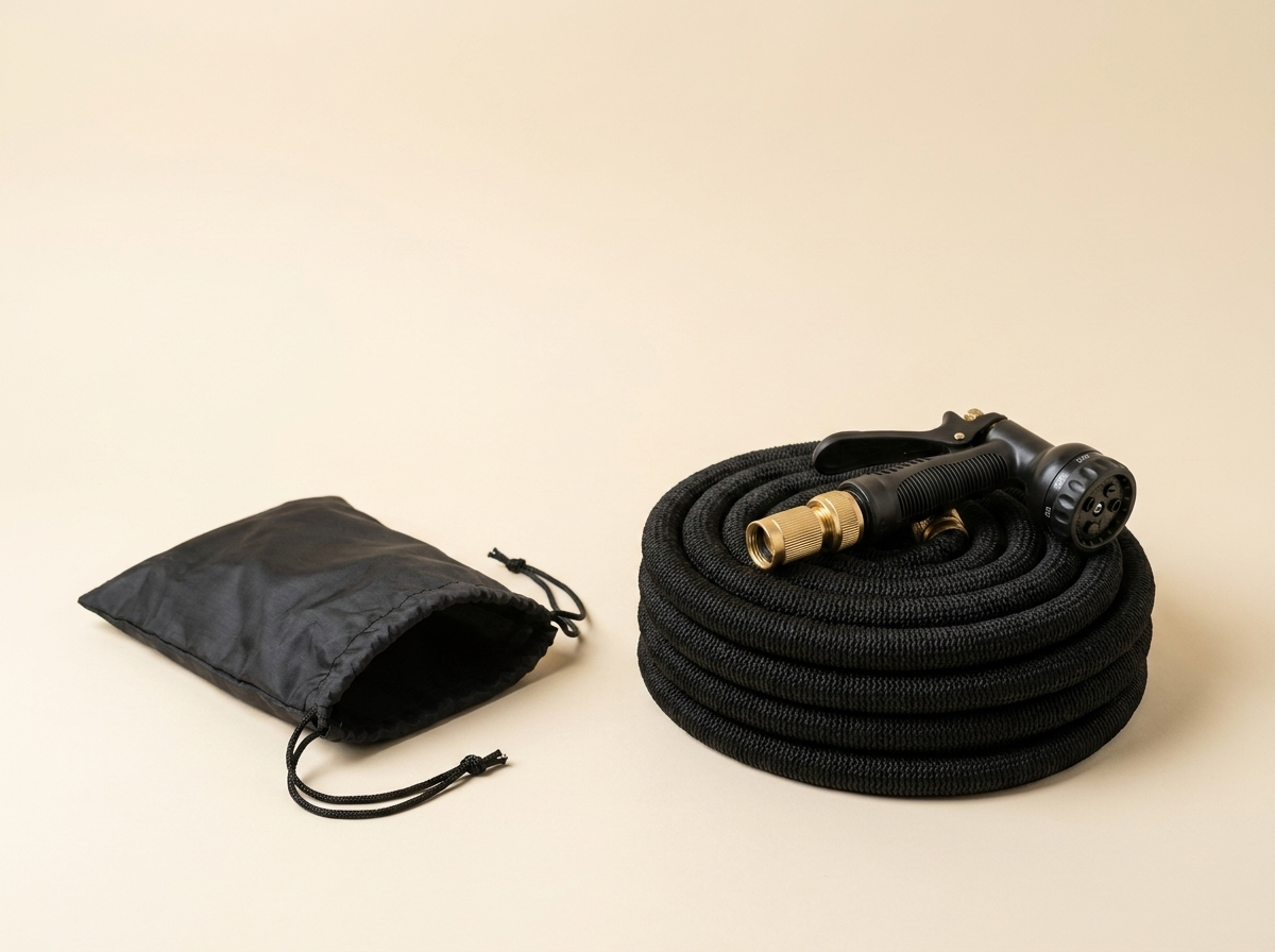 The hose contracted small in its bag next to the expanded length