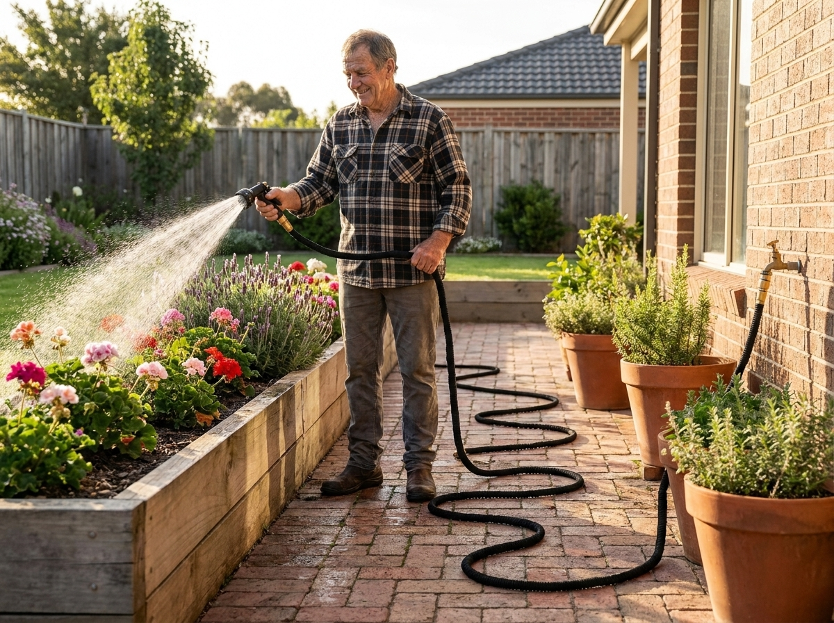 The hose curving smoothly around garden beds with no kinks