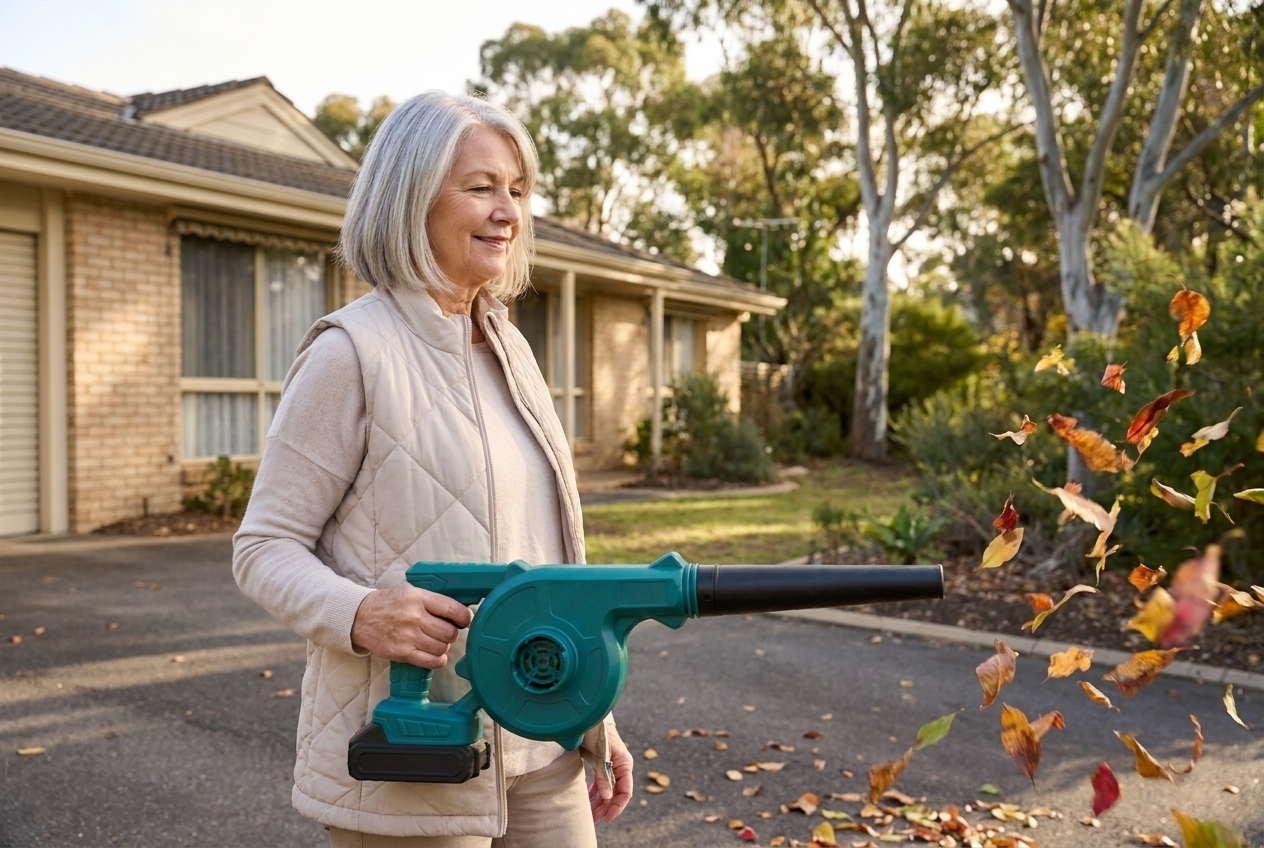 Older Australian woman clearing leaves off her driveway one-handed with the cordless leaf blower