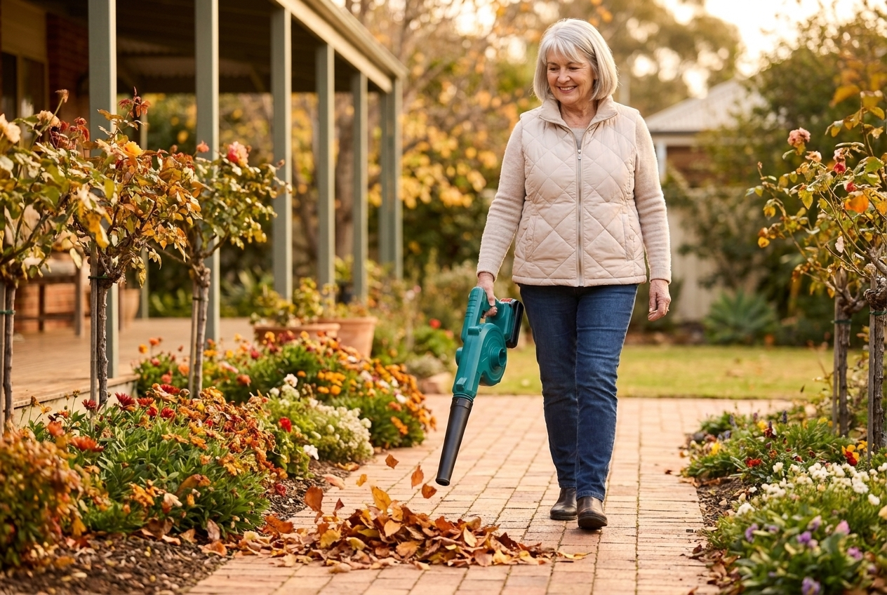 Older woman blowing leaves into a neat pile along her garden path