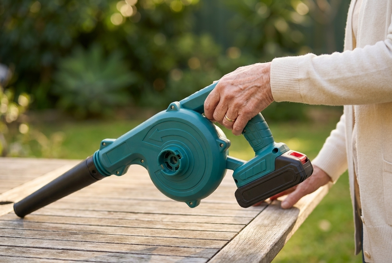 An older woman's hand easily holding the 1.2kg blower