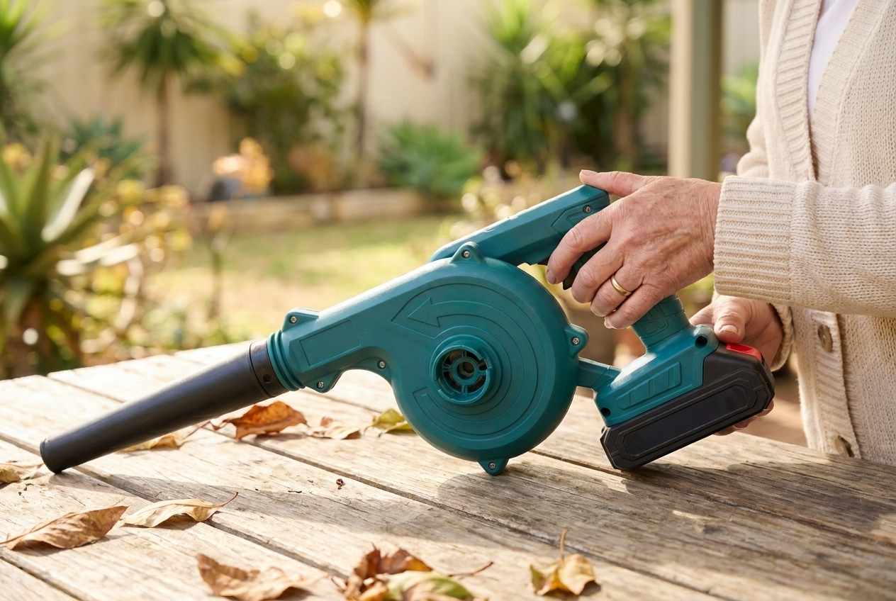 An older woman's hands clipping in the battery, one press to start