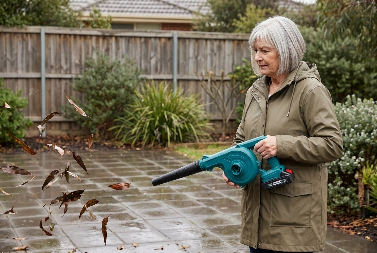 Older woman clearing wet gum leaves off slippery pavers after rain